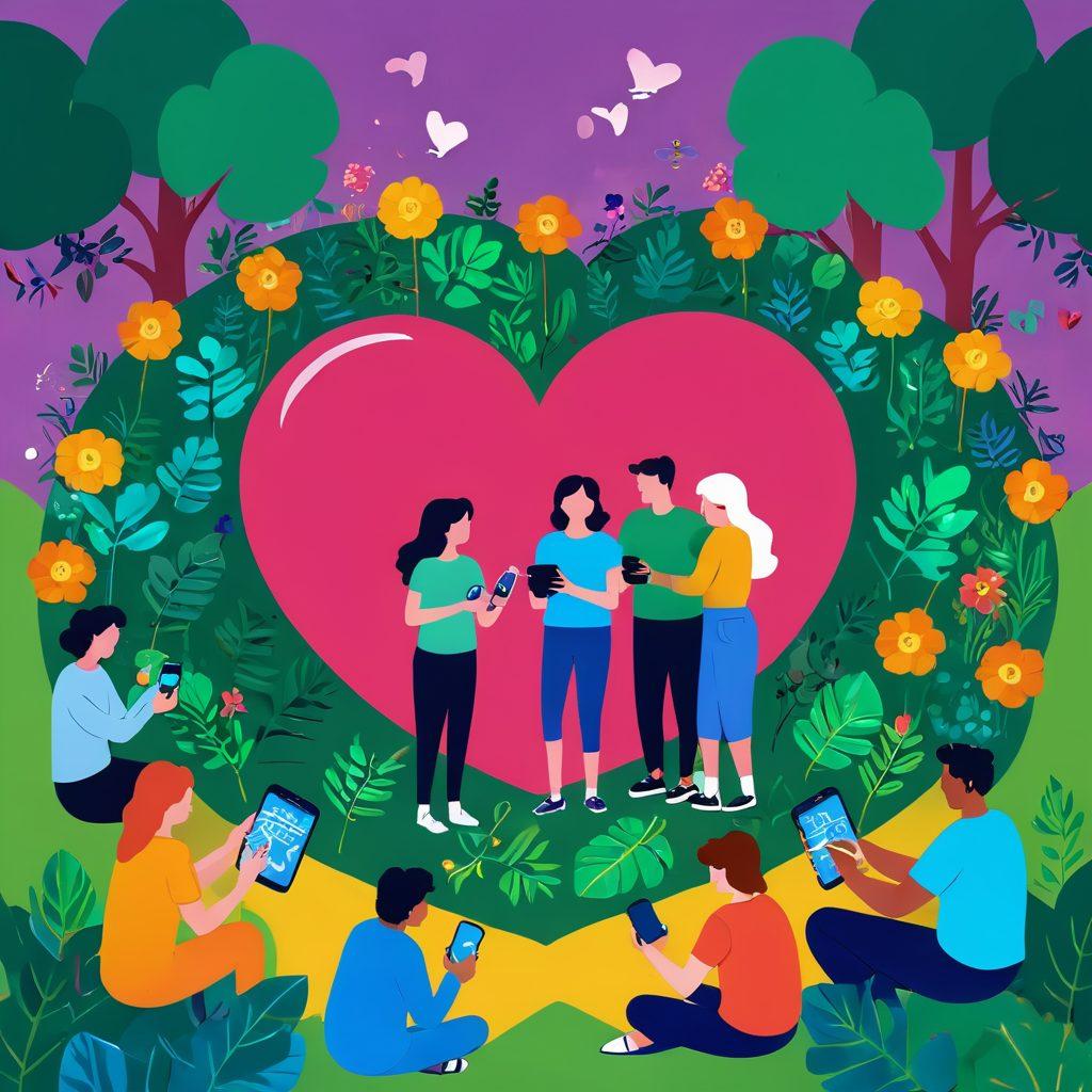 A whimsical illustration of a vibrant heart-shaped coin surrounded by couples interacting happily in a digital marketplace. Each couple uses their smartphones to exchange cryptocurrency while surrounded by lush greenery and colorful flowers symbolizing affection. Enrich the scene with elements like love notes, digital wallets, and glowing currency symbols to emphasize the connection between love and finance. bright colors. playful illustration. cartoonish style.