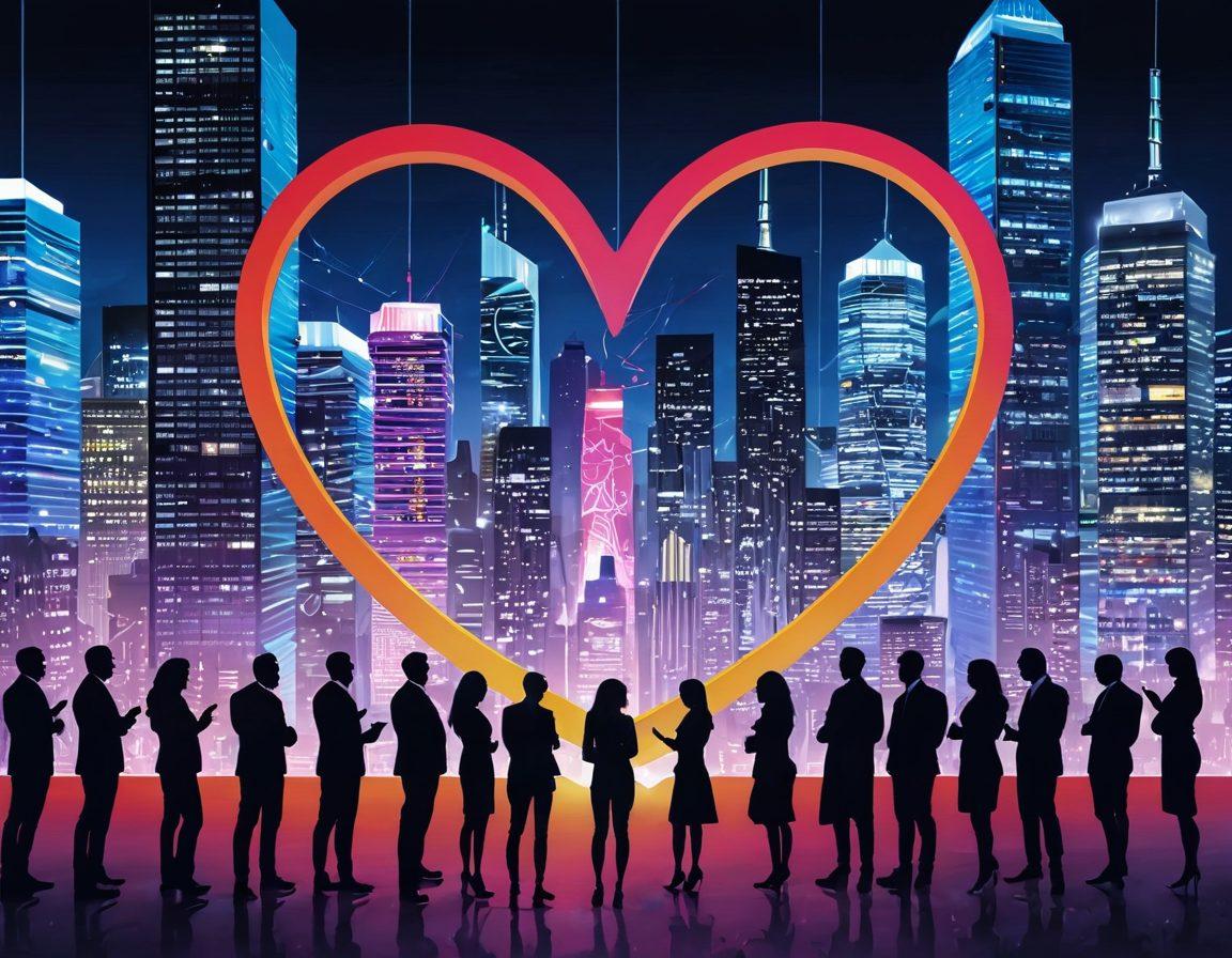 A vivid illustration of a heart intertwined with digital currency symbols, representing emotional connections in fintech. In the background, a bustling cityscape filled with modern skyscrapers and digital screens showcasing innovative fintech applications. People of diverse backgrounds engaging with technology, symbolizing passion meeting profit. Bright, engaging colors with a blend of technology and emotion in focus. super-realistic. vibrant colors.
