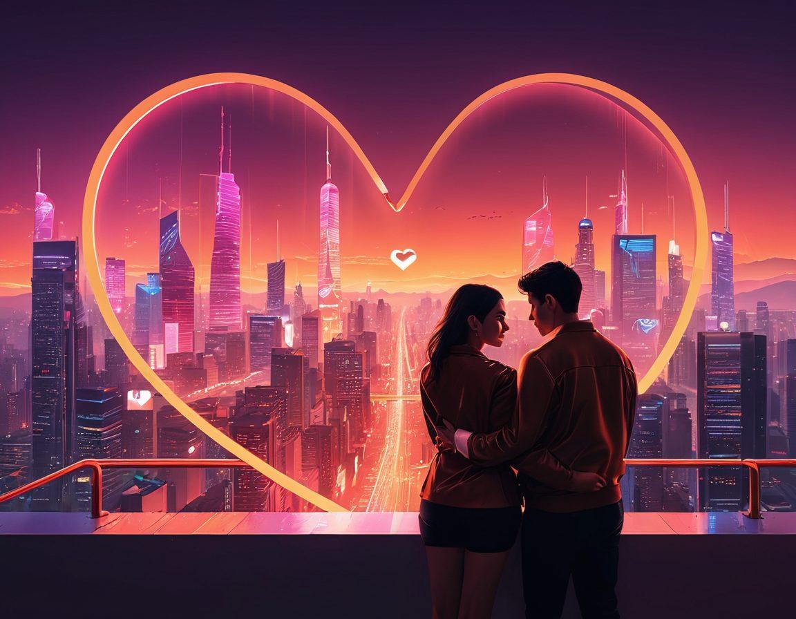 A futuristic cityscape where heart-shaped digital currencies float above couples sharing romantic moments. In the background, a vibrant skyline filled with modern digital billboards promoting love and investment. The scene is highlighted by a warm color palette symbolizing passion and innovation, with subtle connections represented by glowing lines between people and digital coins. This blend of romance and technology creates a captivating atmosphere. cyberpunk. vibrant colors. 3D.
